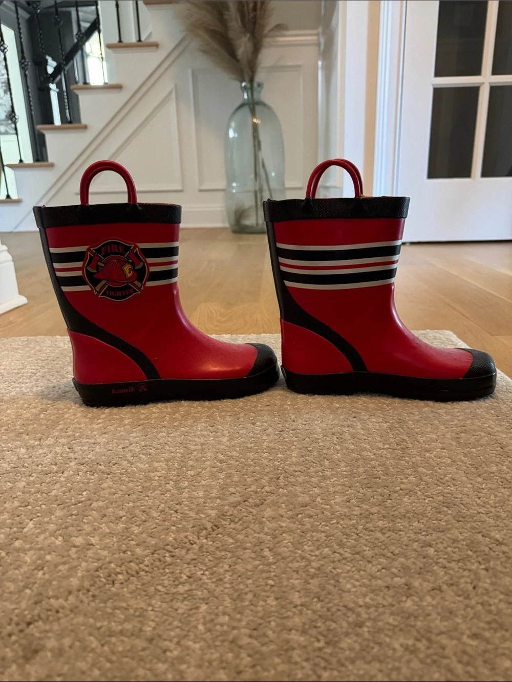 Kamik Kids Red Rain Boots with Black Trim and Striped Accent